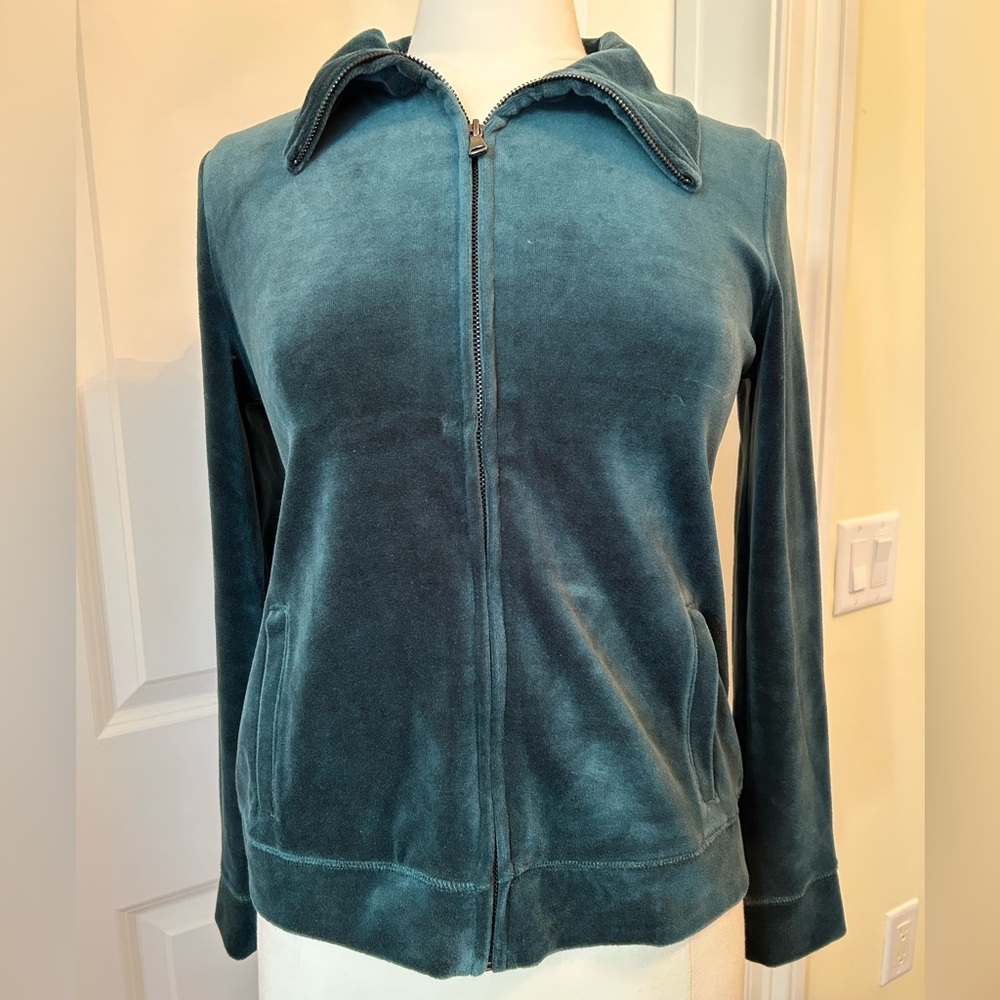 Women's Talbots Forest Green Velour Zip Up Jacket with Side Pockets